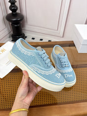 DIOR 26S LOW TOP SNEAKERS IN LIGHT BLUE CANVAS WITH WHITE LACE TRIM & LOGO PRINT