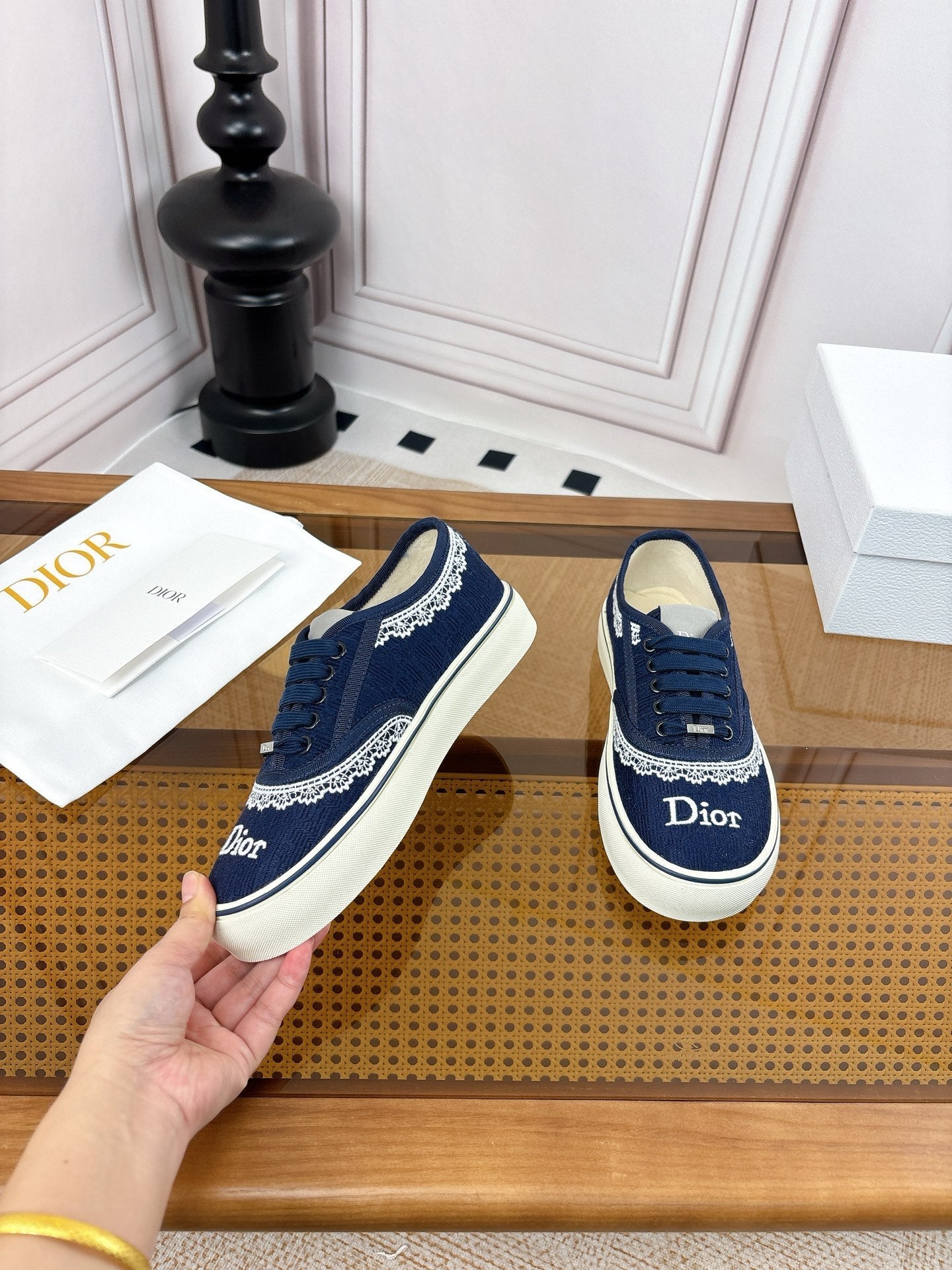 DIOR 26S LOW TOP SNEAKERS IN NAVY BLUE CANVAS WITH WHITE LACE TRIM & LOGO PRINT