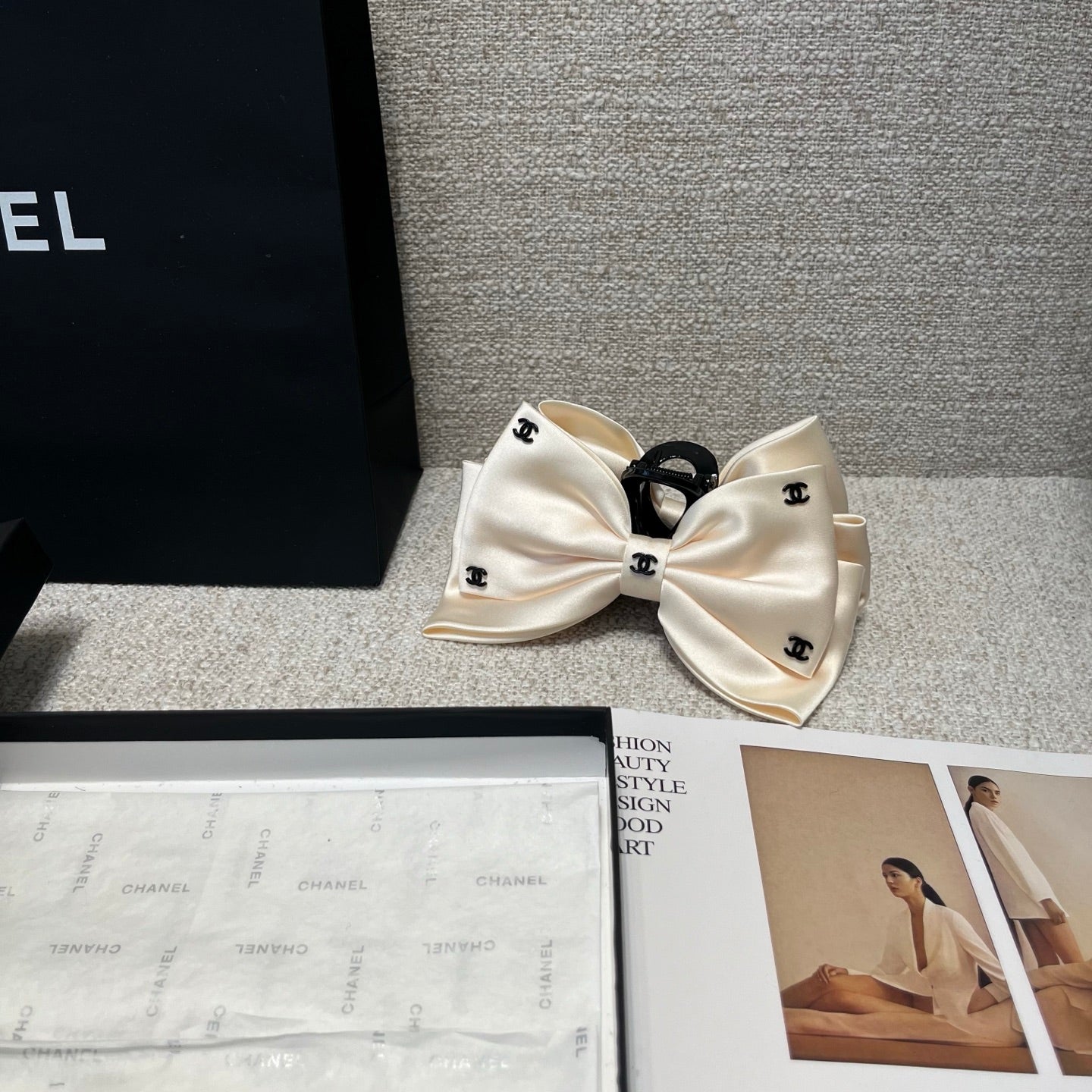 CHANEL 26S BOW HAIR CLIP IN WHITE RIBBON 512127