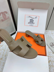 HM OASIS SANDAL HEEL 50MM IN TAUPE BROWN CALFSKIN