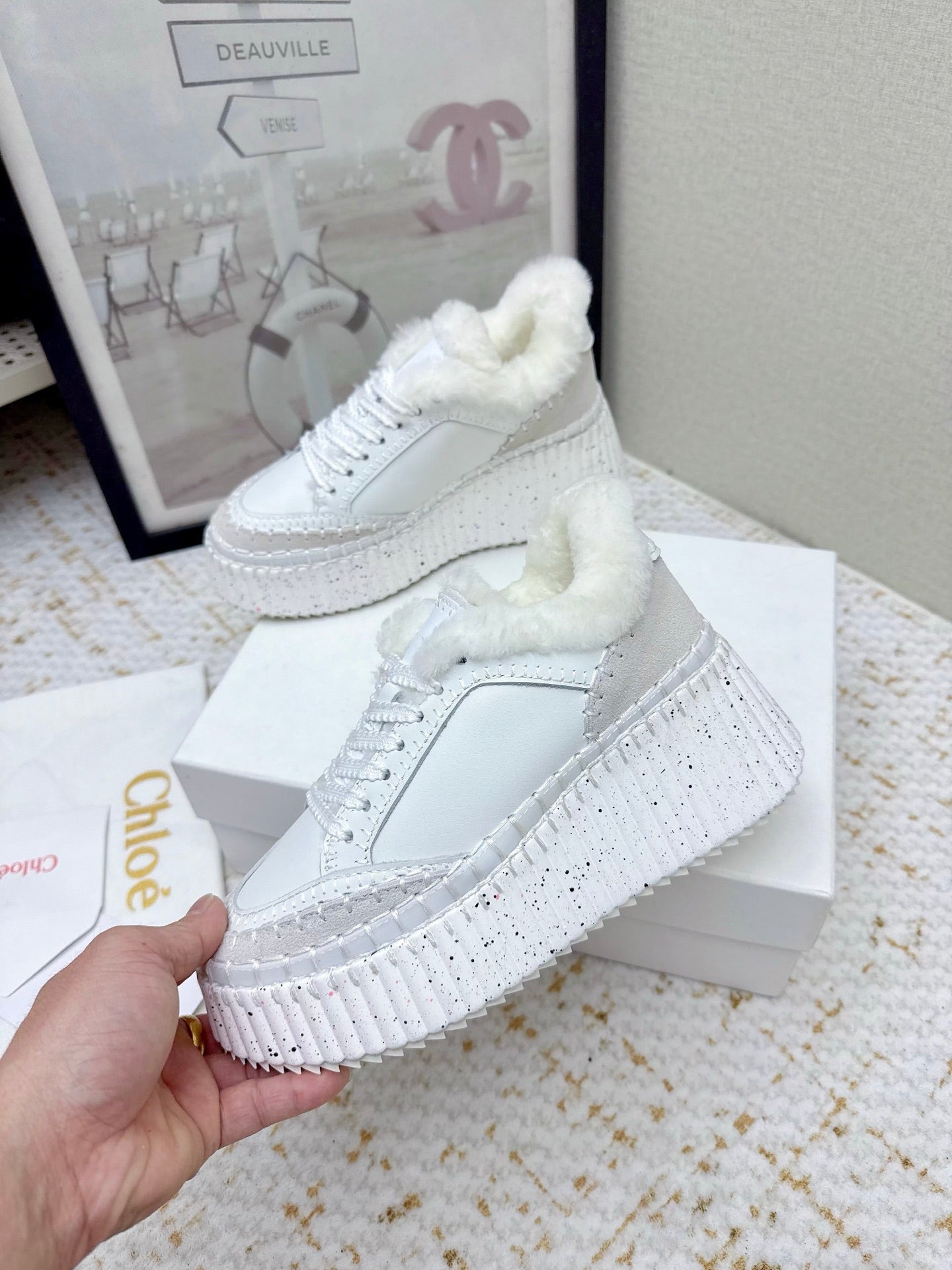 CHLOÉ 26S WEDGE SOLE SNEAKERS IN WHITE CALFSKIN