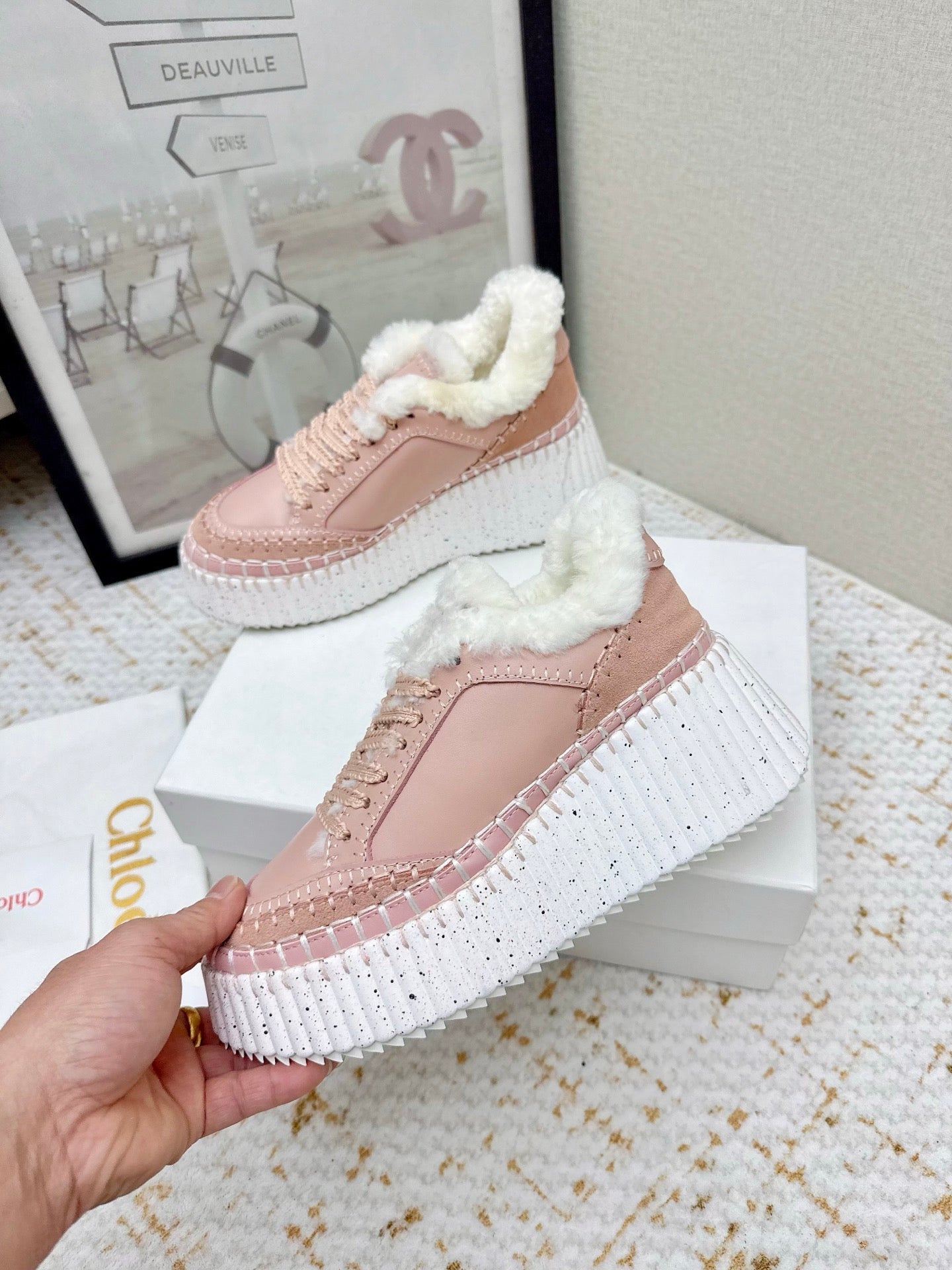 CHLOÉ 26S WEDGE SOLE SNEAKERS IN LIGHT PINK CALFSKIN