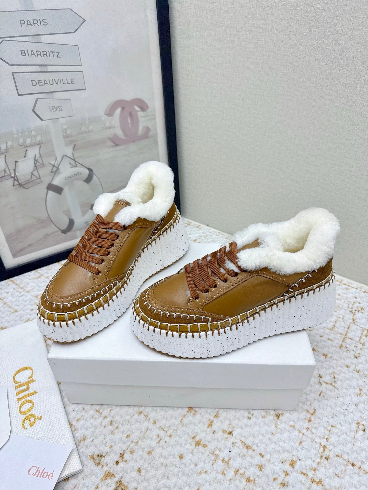 CHLOÉ 26S WEDGE SOLE SNEAKERS IN BROWN CALFSKIN