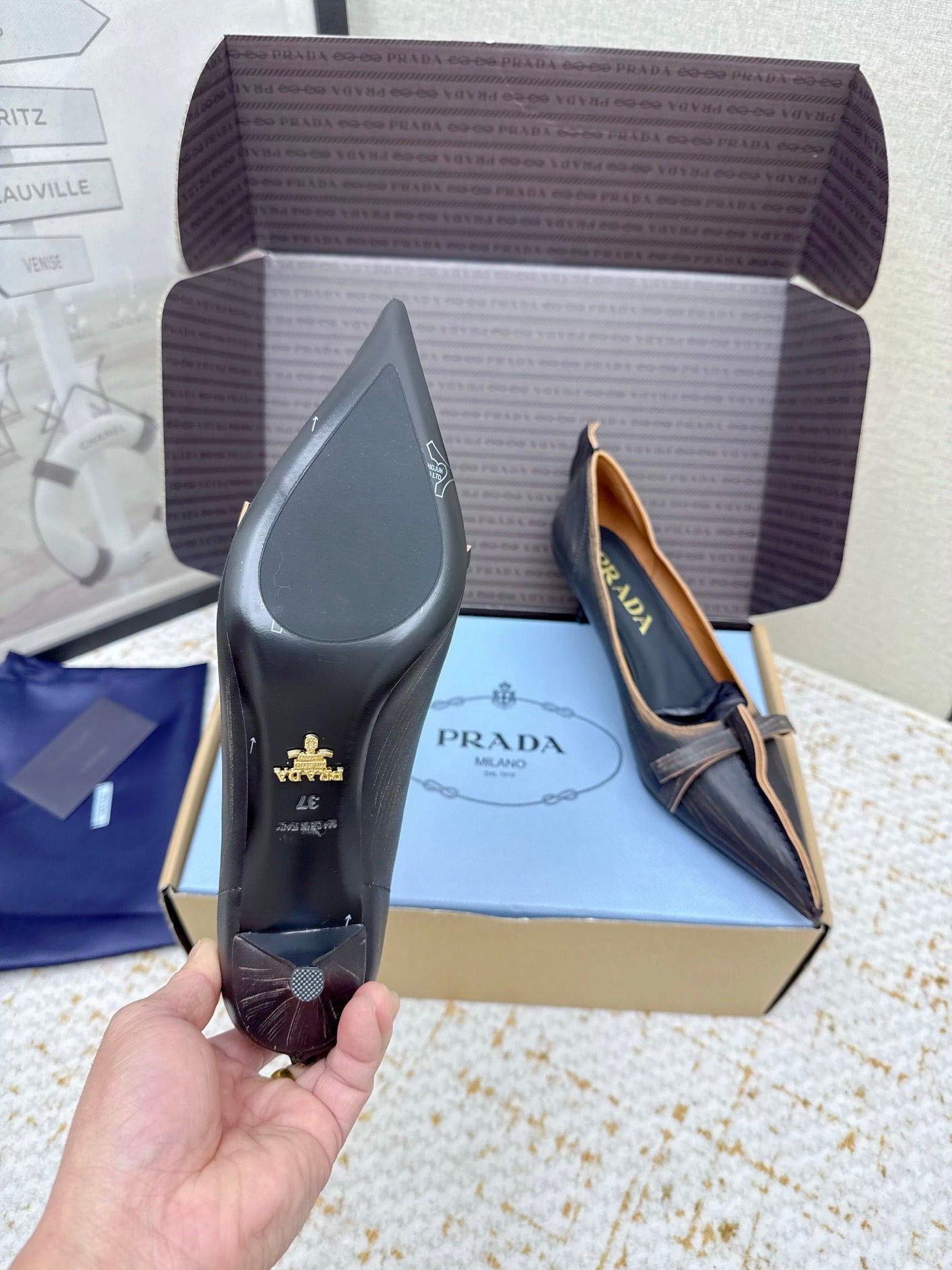 PRADA 26S ANTIQUED LEATHER PUMPS 55MM IN BLACK CALFSKIN