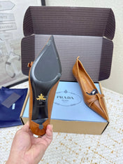 PRADA 26S ANTIQUED LEATHER PUMPS 55MM IN TAN BROWN CALFSKIN