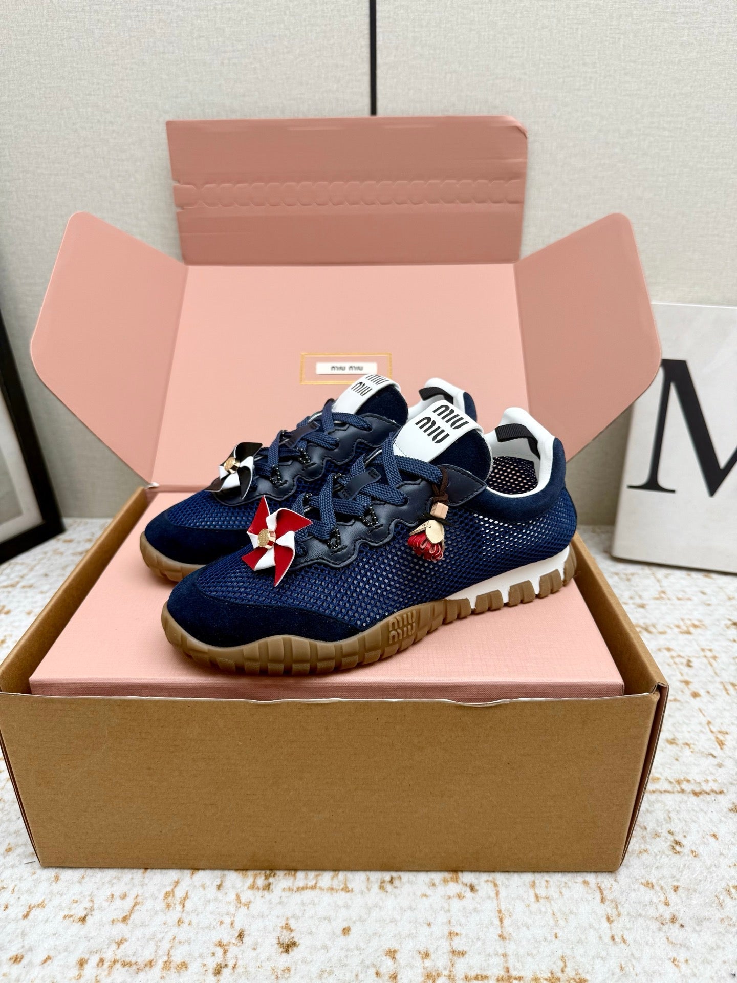 MIUMIU 26S CHARM SNEAKERS IN NAVY BLUE MESH AND SUEDE