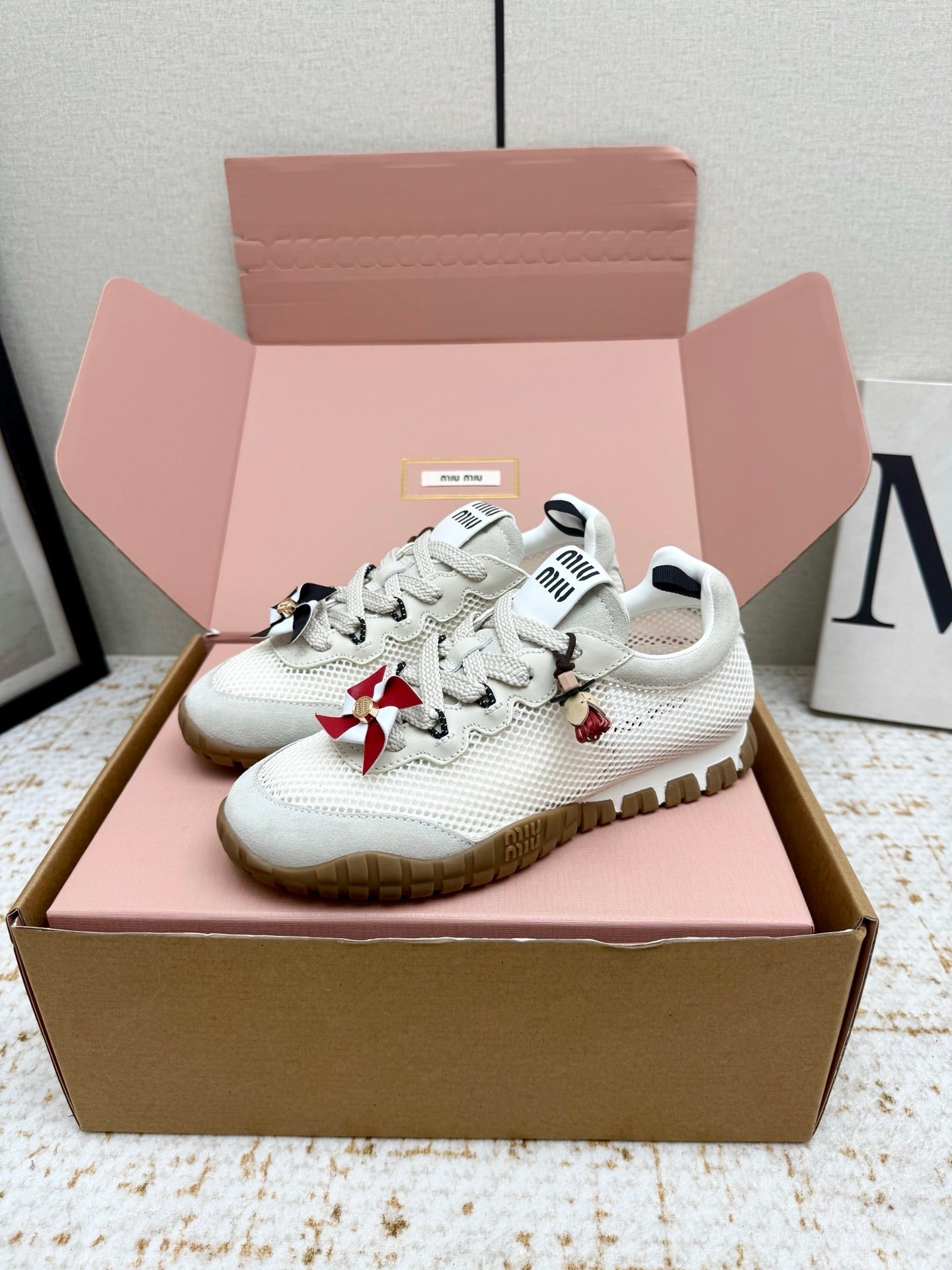 MIUMIU 26S CHARM SNEAKERS IN WHITE MESH AND SUEDE