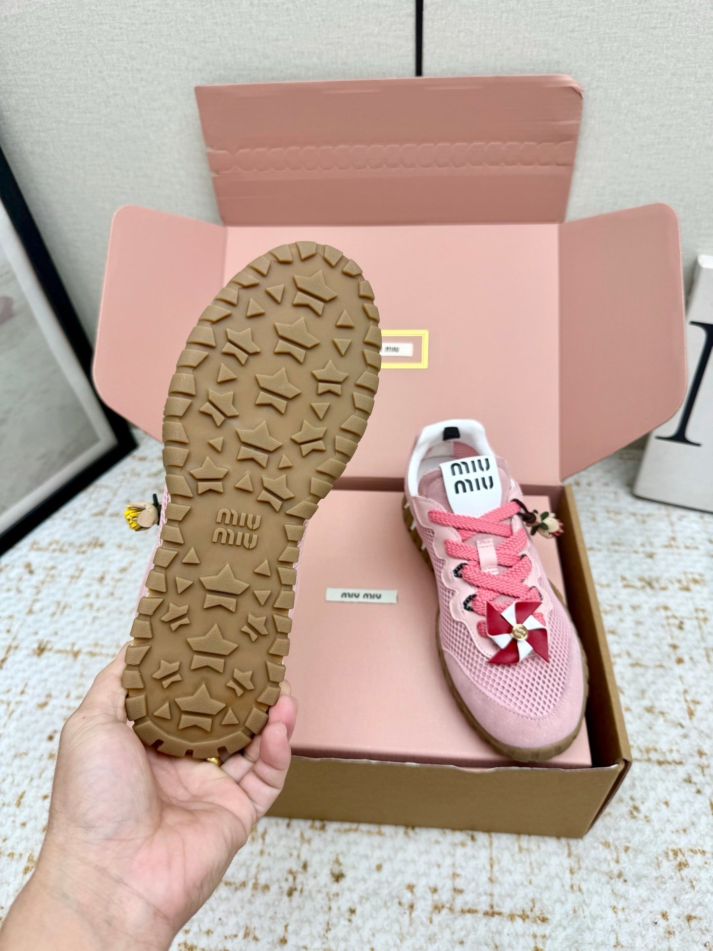 MIUMIU 26S CHARM SNEAKERS IN PINK MESH AND SUEDE