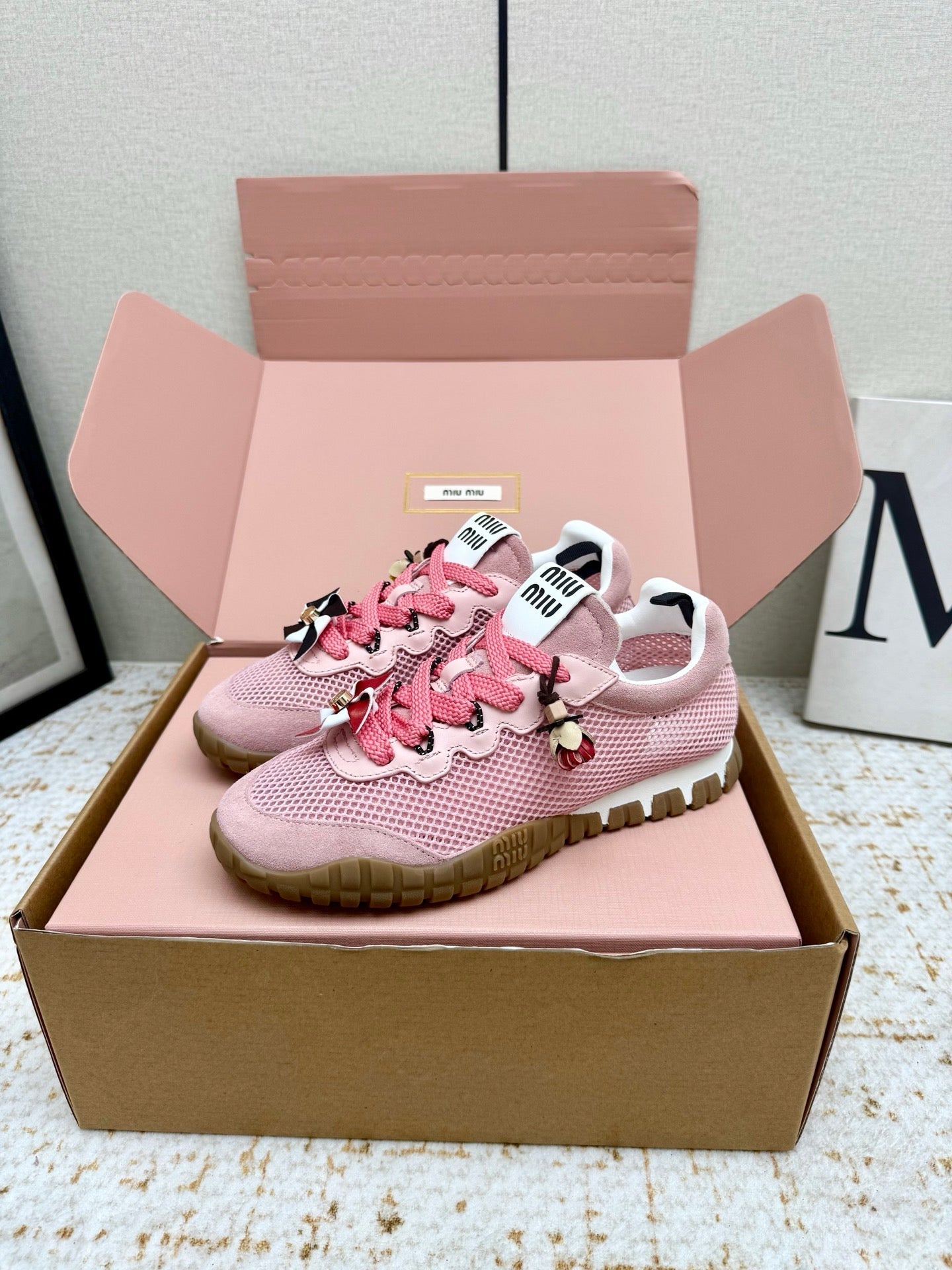 MIUMIU 26S CHARM SNEAKERS IN PINK MESH AND SUEDE