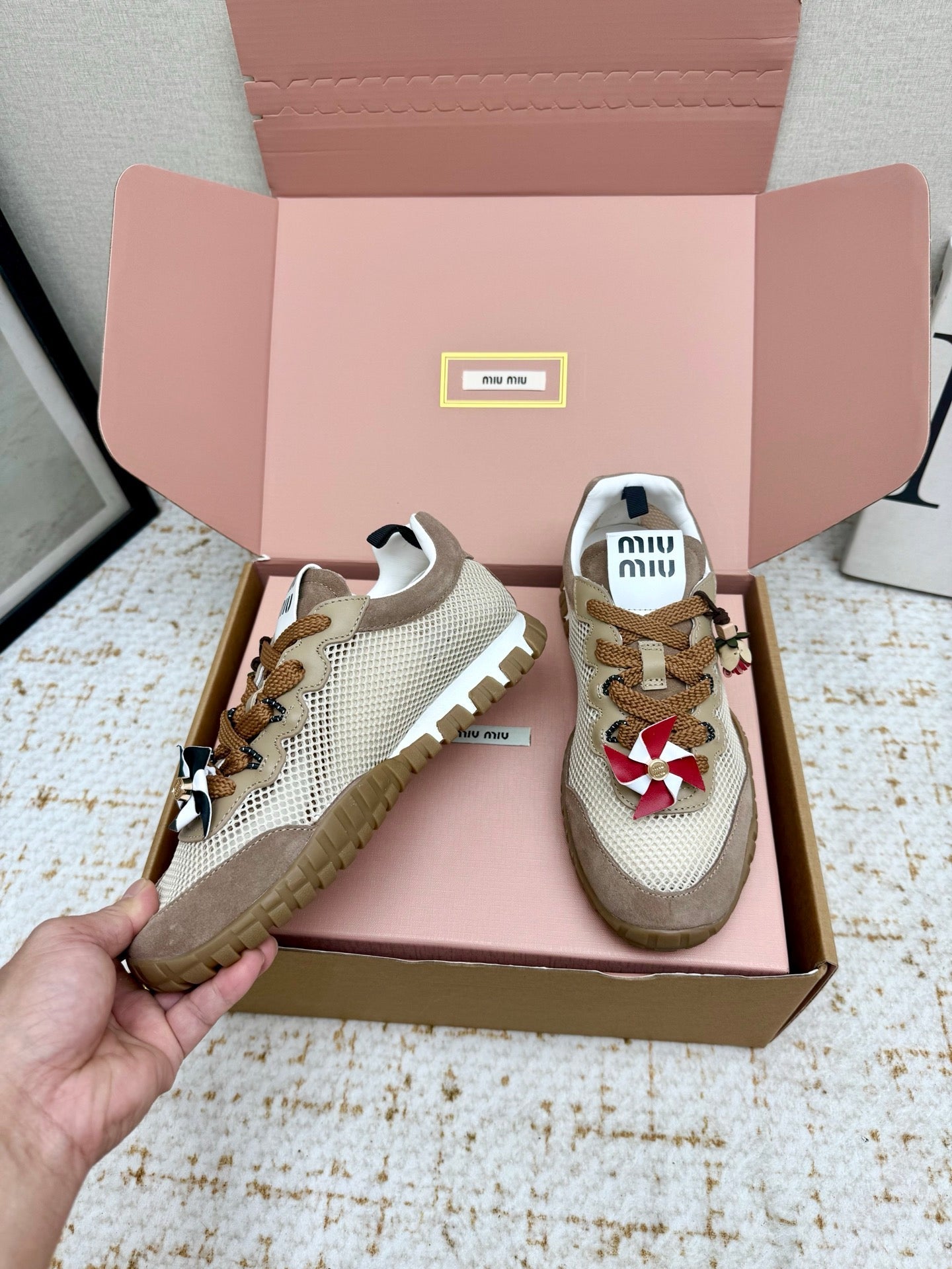 MIUMIU 26S CHARM SNEAKERS IN BROWN SUEDE AND WHITE MESH