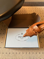 PRADA 26S POINTED TOE FRINGE BOW SLINGBACK PUMPS 55MM IN CARAMEL BROWN CALFSKIN