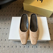 THE ROW 26S SQUARE TOE BACKLESS SLIDES IN LIGHT BROWN CALF HAIR