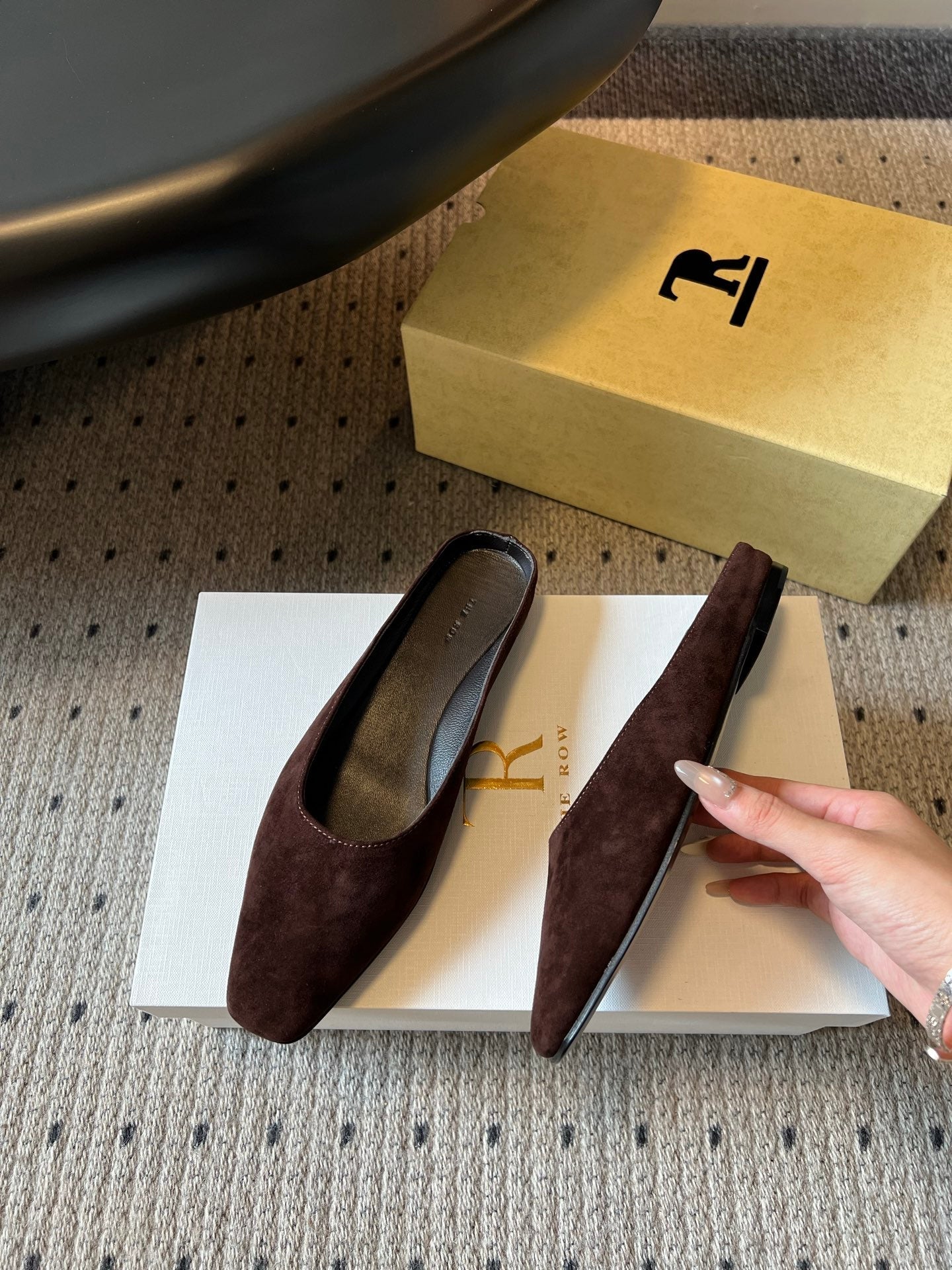 THE ROW 26S SQUARE TOE BACKLESS SLIDES IN DARK BROWN CALF HAIR