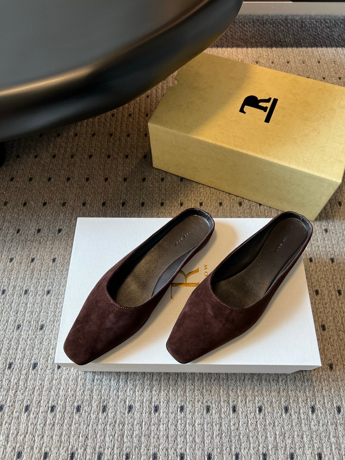 THE ROW 26S SQUARE TOE BACKLESS SLIDES IN DARK BROWN CALF HAIR