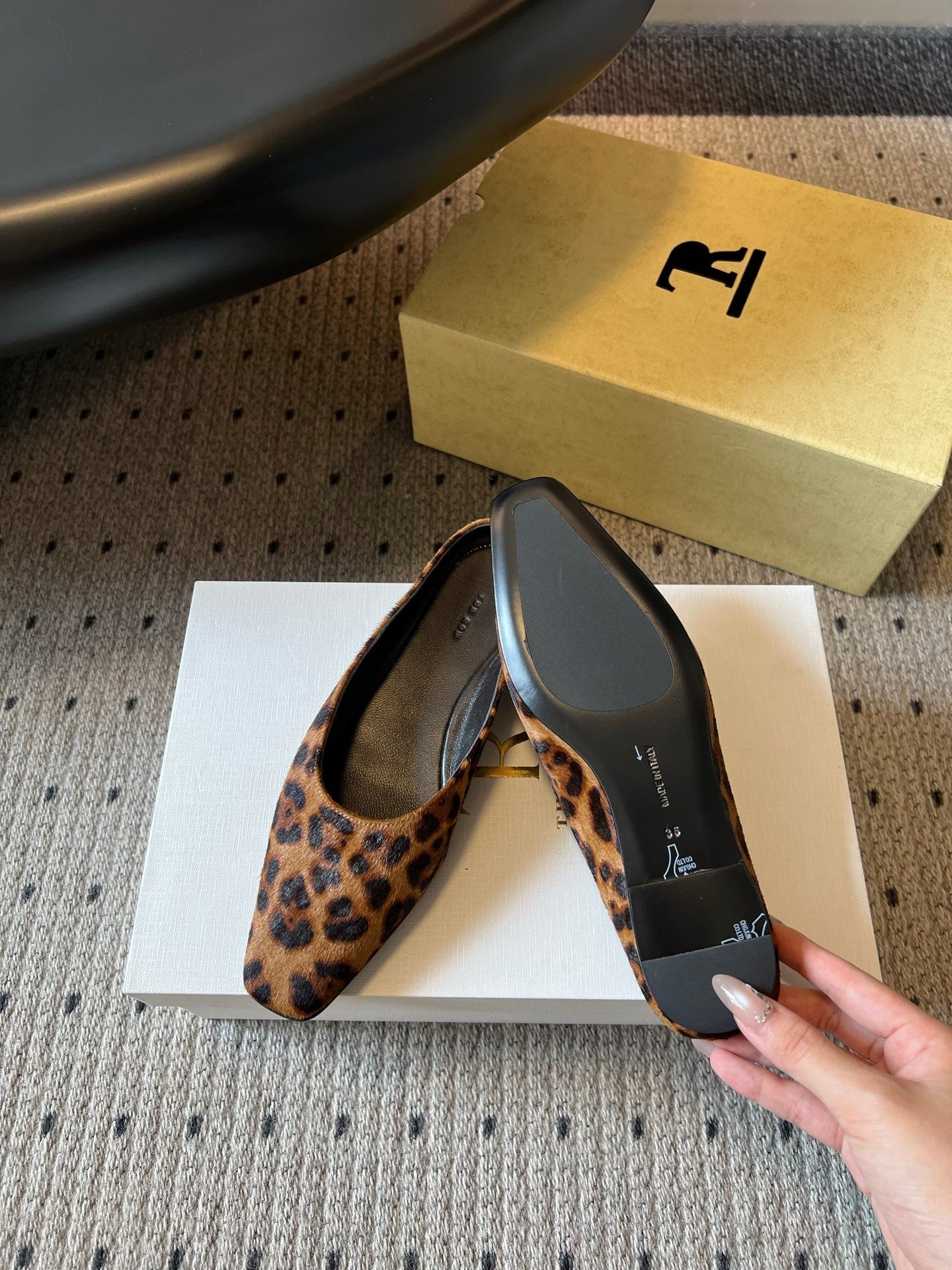 THE ROW 26S SQUARE TOE BACKLESS SLIDES IN BROWN SPOTTED CALF HAIR