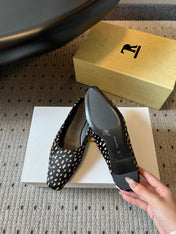 THE ROW 26S SQUARE TOE BACKLESS SLIDES IN BLACK SPOTTED CALF HAIR