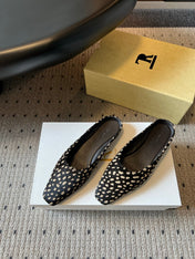 THE ROW 26S SQUARE TOE BACKLESS SLIDES IN BLACK SPOTTED CALF HAIR