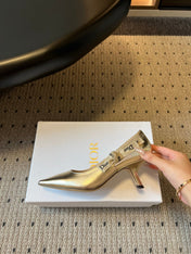 DIOR 26S POINTED-TOE PUMPS 65MM IN GOLD CALFSKIN WITH J'ADIOR BOW