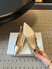 DIOR 26S POINTED-TOE PUMPS 65MM IN GOLD CALFSKIN WITH J'ADIOR BOW