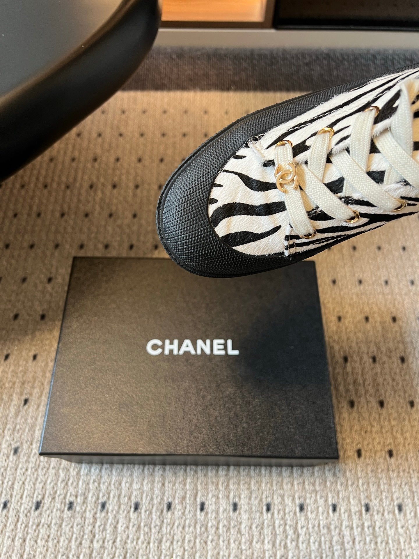CHANEL 26S LACE UP SNEAKERS IN BLACK CALFSKIN AND WHITE PONY HAIR