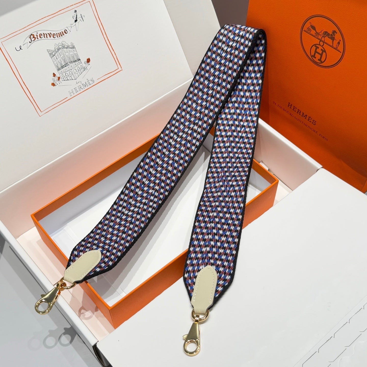 25S HERMES BAG STRAP MULTICOLOR 85 IN CANVAS GOLD HARDWARE