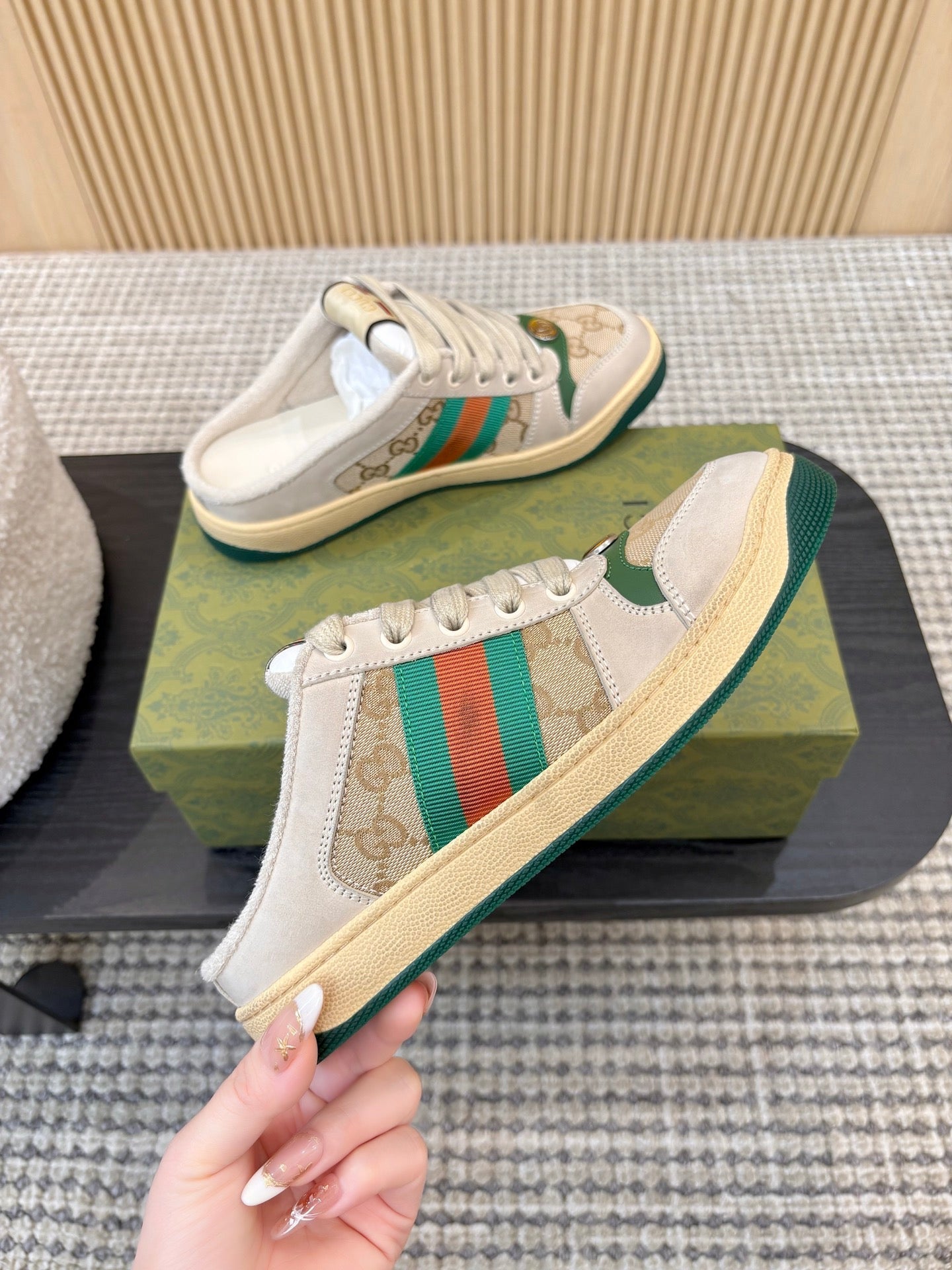GUCCI 26S BACKLESS SNEAKERS IN BEIGE CANVAS AND LEATHER
