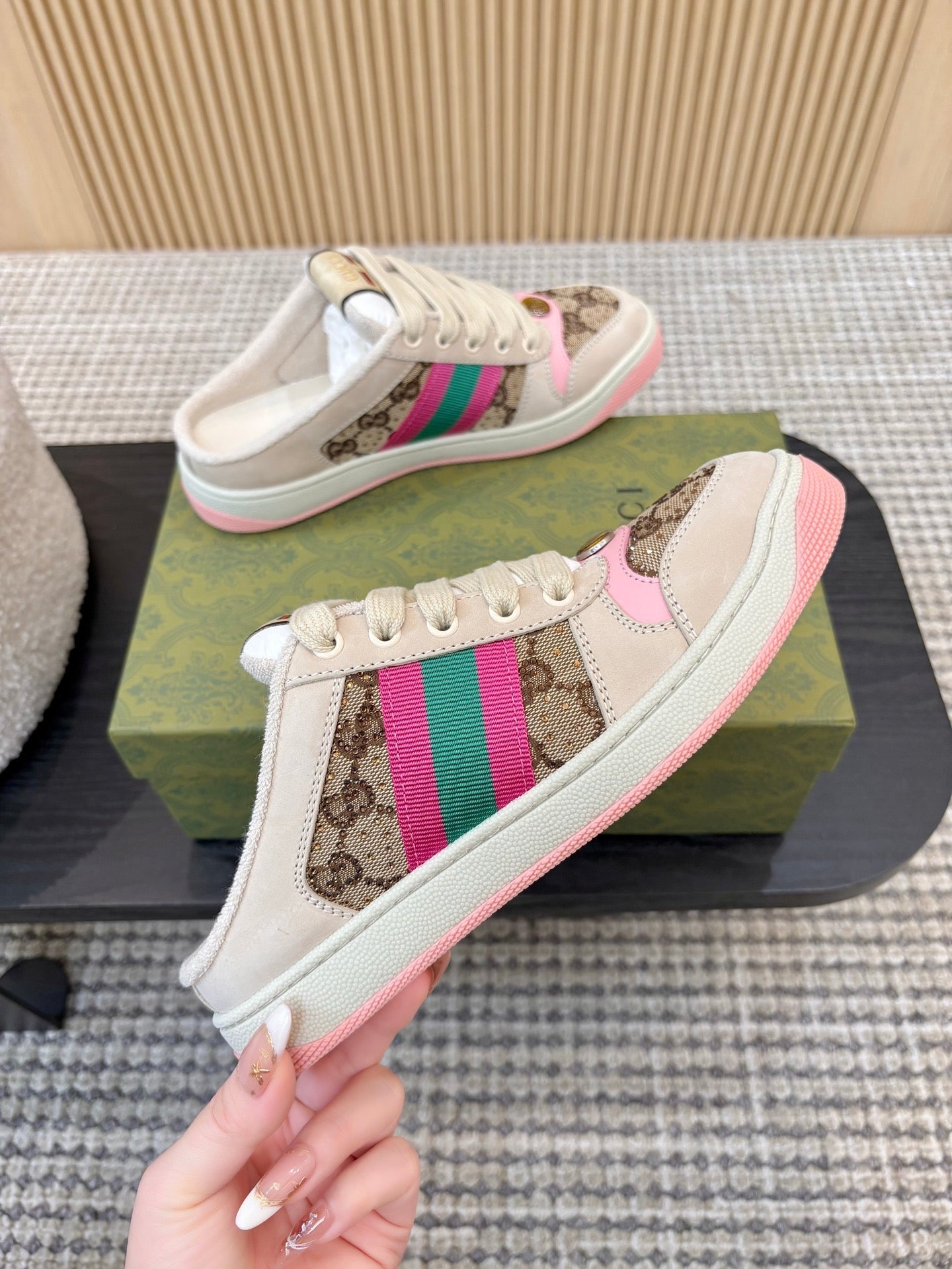 GUCCI 26S BACKLESS SNEAKERS IN BROWN CANVAS AND BEIGE LEATHER
