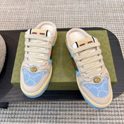 GUCCI 26S BACKLESS SNEAKERS IN BLUE CANVAS AND BEIGE LEATHER