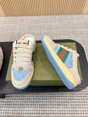 GUCCI 26S BACKLESS SNEAKERS IN BLUE CANVAS AND BEIGE LEATHER