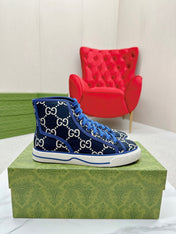 GUCCI 26S HIGH TOP SNEAKERS IN BLACK BLUE GG MONOGRAM CANVAS