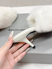 BALENCIAGA 25S HIGH HEEL SANDALS 65 MM IN WHITE LAMBSKIN AND FUR