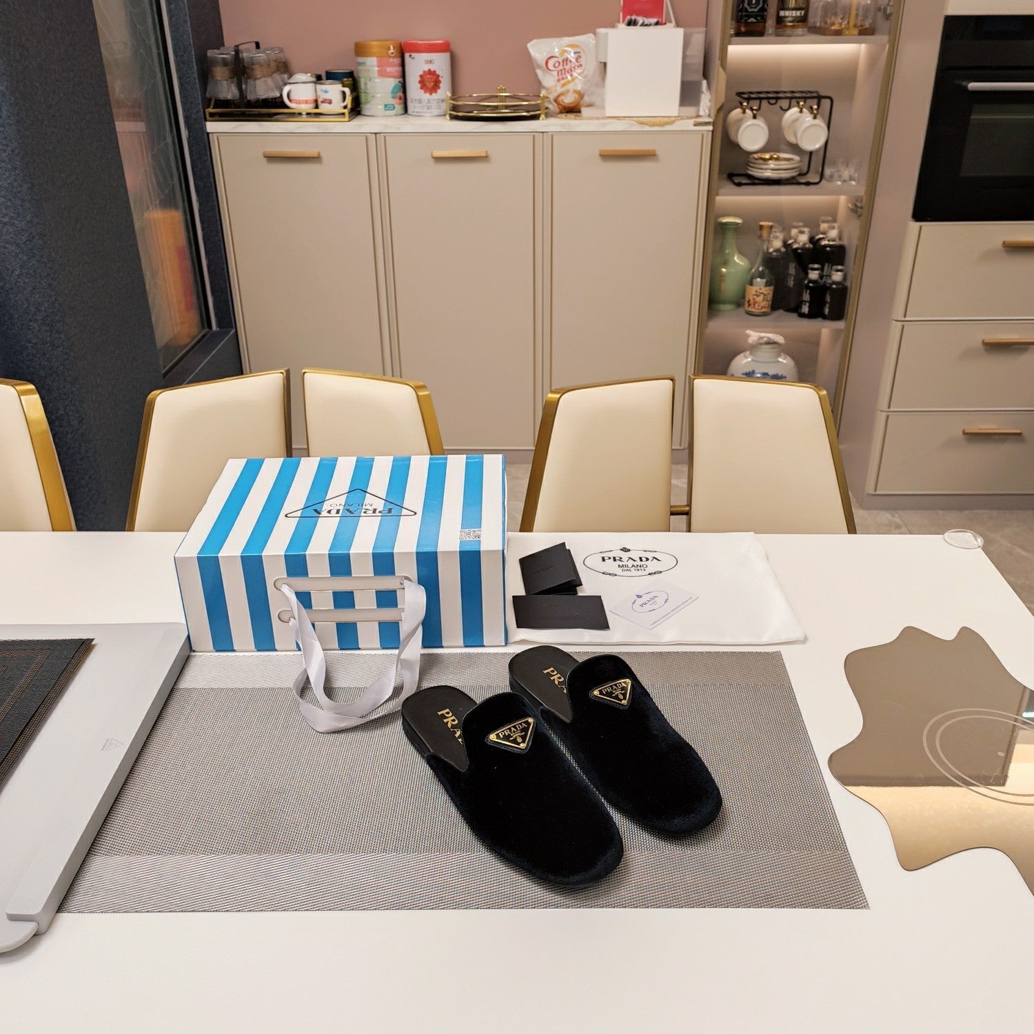 PRADA 26S SQUARE TOE SLIPPERS IN BLACK VELVET