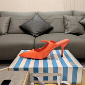 PRADA 26S HIGH-HEELED MULES 85MM IN ORANGE SATIN