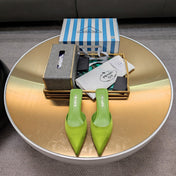 PRADA 26S POINTED TOE MULES 40MM IN GREEN SATIN