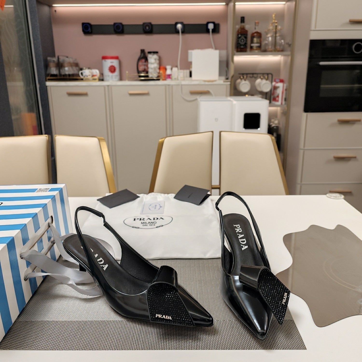 PRADA 26S POINTED TOE SLINGBACK PUMPS 50MM IN BLACK SMOOTH CALFSKIN WITH CRYSTAL
