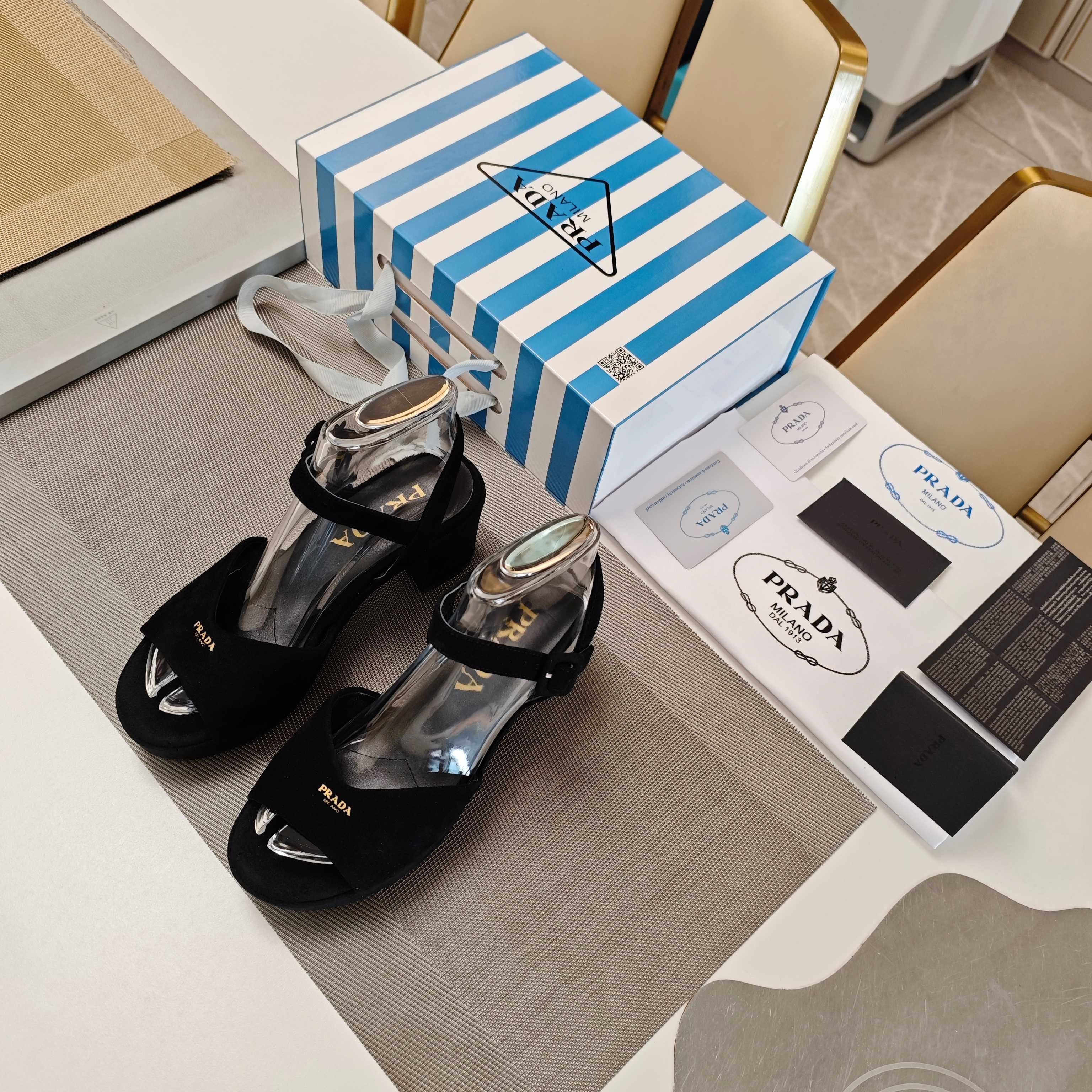 PRADA 26S HEELED SANDALS 65MM IN BLACK SUEDE