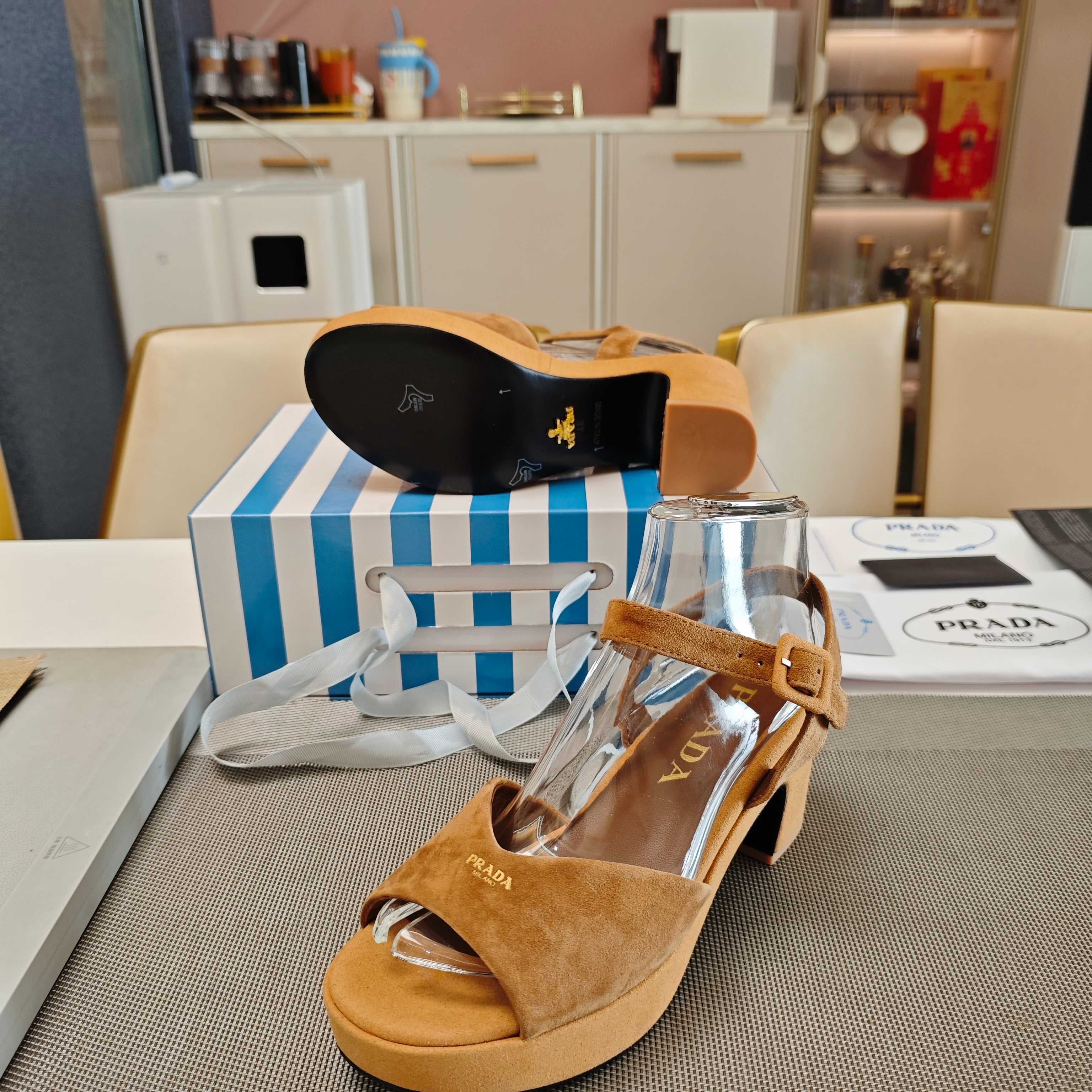 PRADA 26S HEELED SANDALS 65MM IN CARAMEL BROWN SUEDE