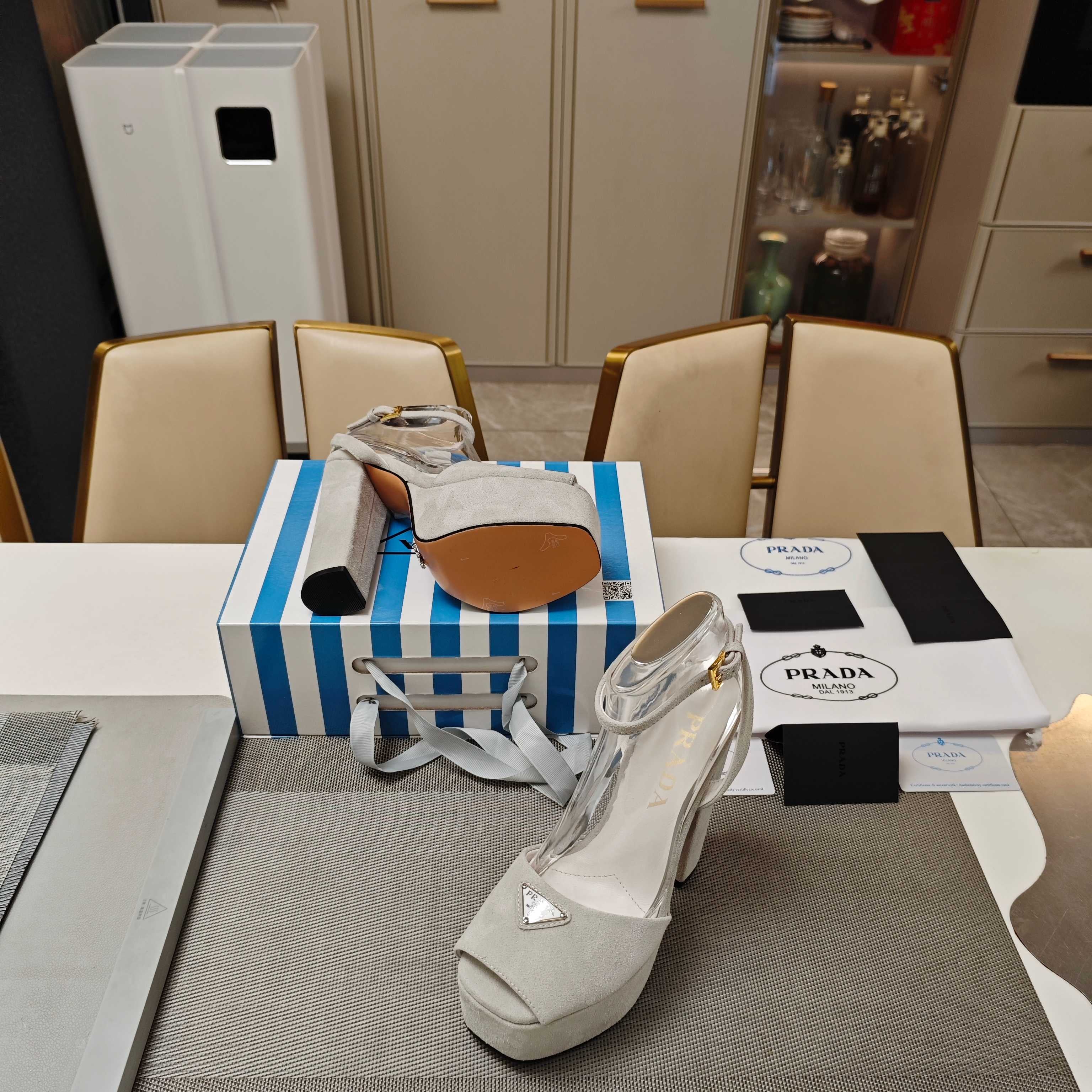PRADA 26S HEELED SANDALS 135MM IN LIGHT GRAY SUEDE