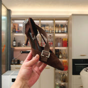 PRADA 26S POINTED-TOE HIGH-HEELED 70MM IN DARK BROWN SUEDE