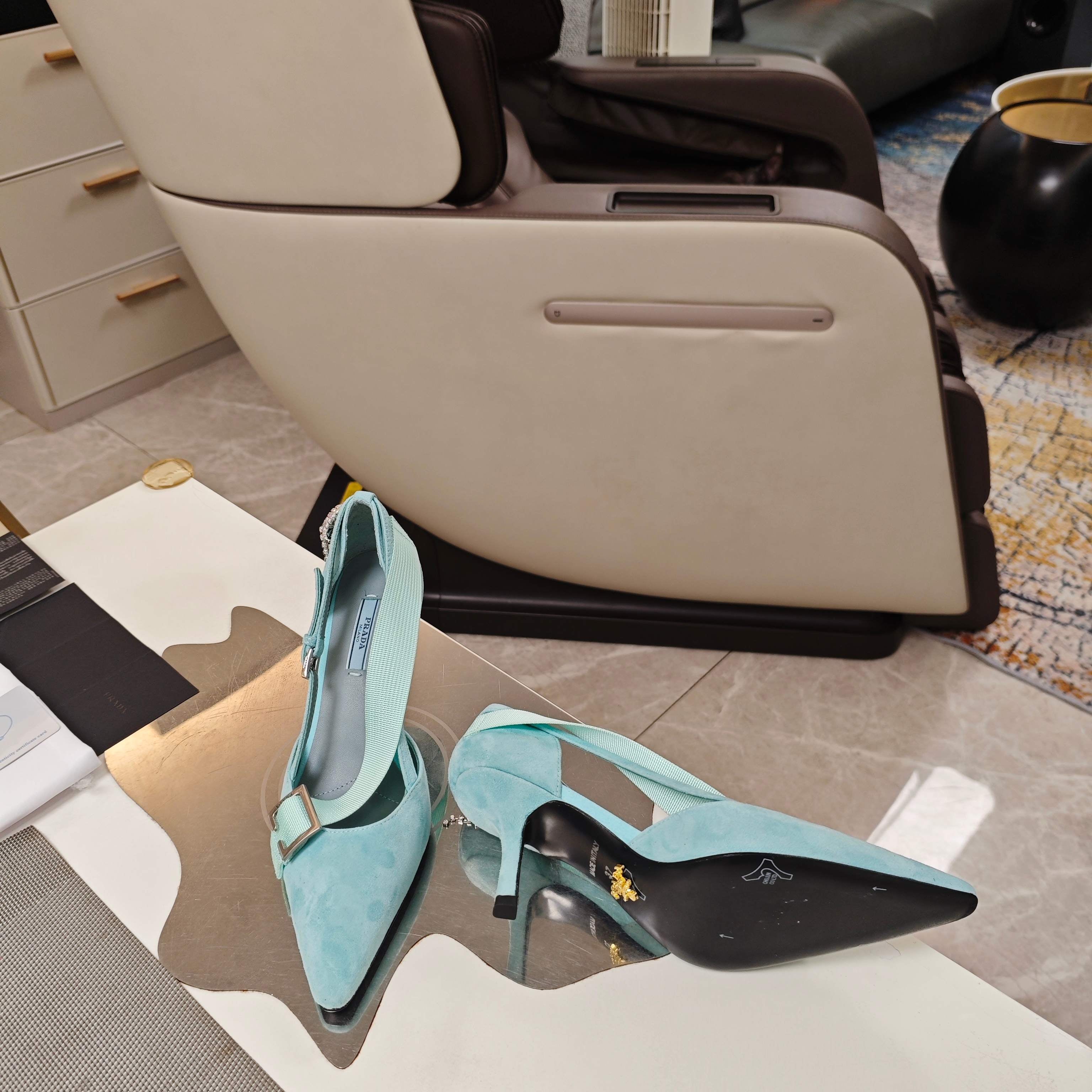 PRADA 26S POINTED-TOE HIGH-HEELED 70MM IN DUSTY TEAL BLUE SUEDE