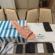 PRADA 26S MULE SANDALS 75MM IN BLUSH PINK CALFSKIN AND MESH GOLD HARDWARE