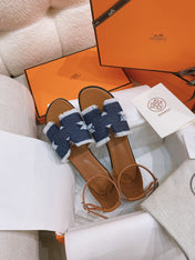 HM 26S SANTORINI SANDAL IN NAVY BLUE CALFSKIN AND FABRIC