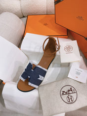 HM 26S SANTORINI SANDAL IN NAVY BLUE CALFSKIN AND FABRIC