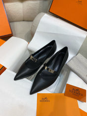HM 26S KELLY BUCKLE MARY JANE POINTED FLATS IN BLACK CALFSKIN