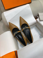 HM 26S KELLY BUCKLE MARY JANE POINTED FLATS IN BROWN CALFSKIN