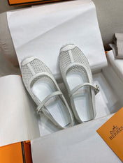 HM 26S KICHU BALLET FLAT IN WHITE CROCHET KNIT AND CALFSKIN