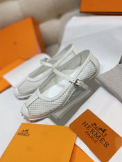 HM 26S KICHU BALLET FLAT IN WHITE CROCHET KNIT AND CALFSKIN
