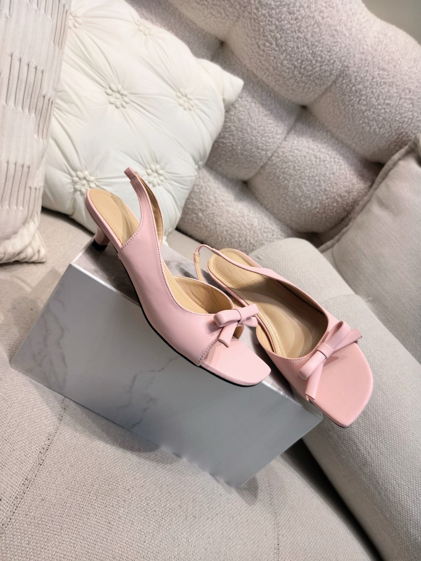 DIOR 26S BOW HEELED SLINGBACK SANDAL 45MM IN PINK CALFSKIN