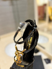 SL CASSANDRA HEELED SANDALS BLACK-GOLD CALFSKIN