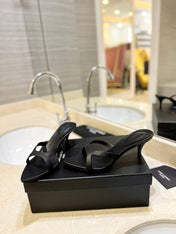 SL OPEN-TOES HIGH HEELS SLIPPER BLACK CALFSKIN
